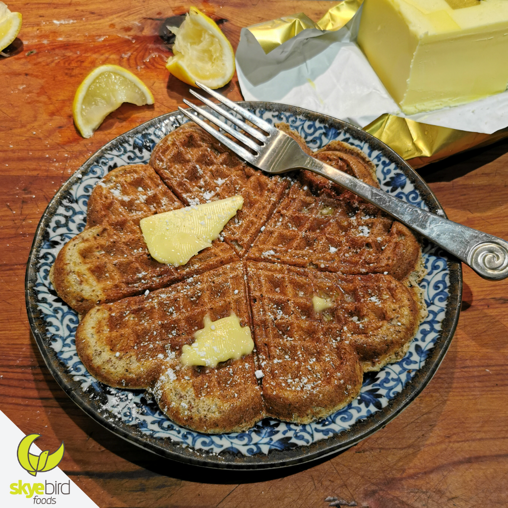 Keto Waffle Recipe Picture of keto waffles alongside keto waffle recipe using keto ingredients