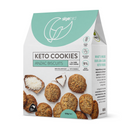 Picture shows box of Chewy Keto ANZAC cookies with a number of keto ANZAC cookies on the front of the package with a Skyebird Foods company logo with a blue background on the front of the box of keto cookies. There's a prominent NZ made icon at the bottom of the keto cookie box to show the keto cookies are nz made. 