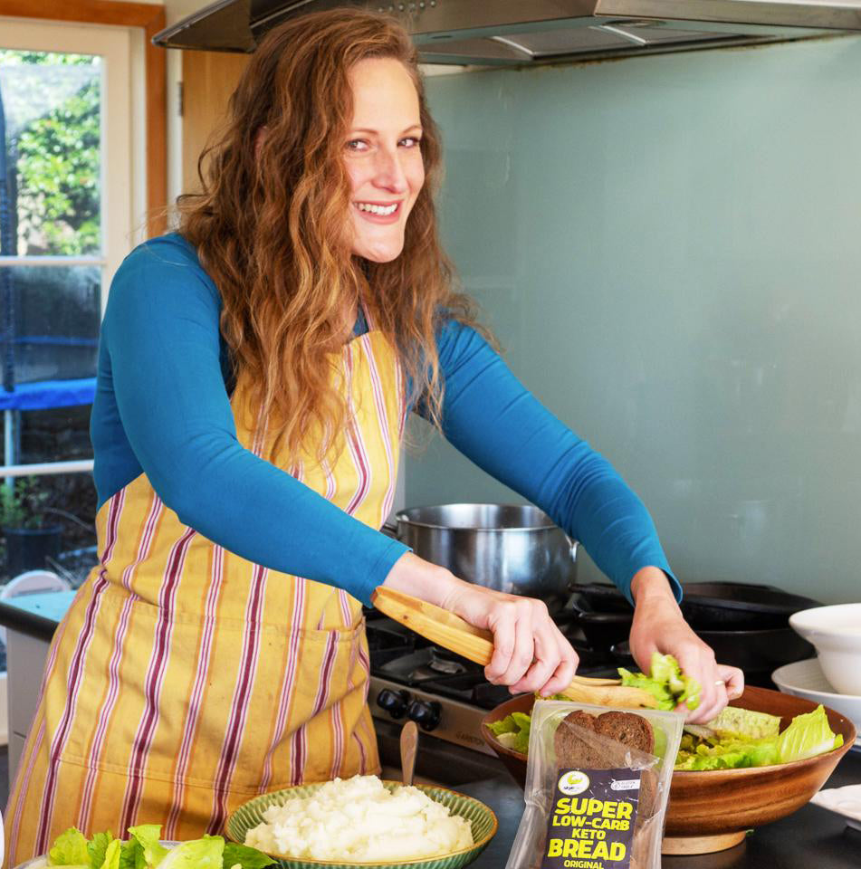 Picture of founder making a keto lunch with keto bread