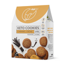 Picture shows box of keto caramel cookies with a number of keto caramel cookies on the front of the package with a Skyebird Foods company logo with a tan background on the front of the box of keto cookies. There's a prominent NZ made icon at the bottom of the keto cookie box to show the keto cookies are nz made. 